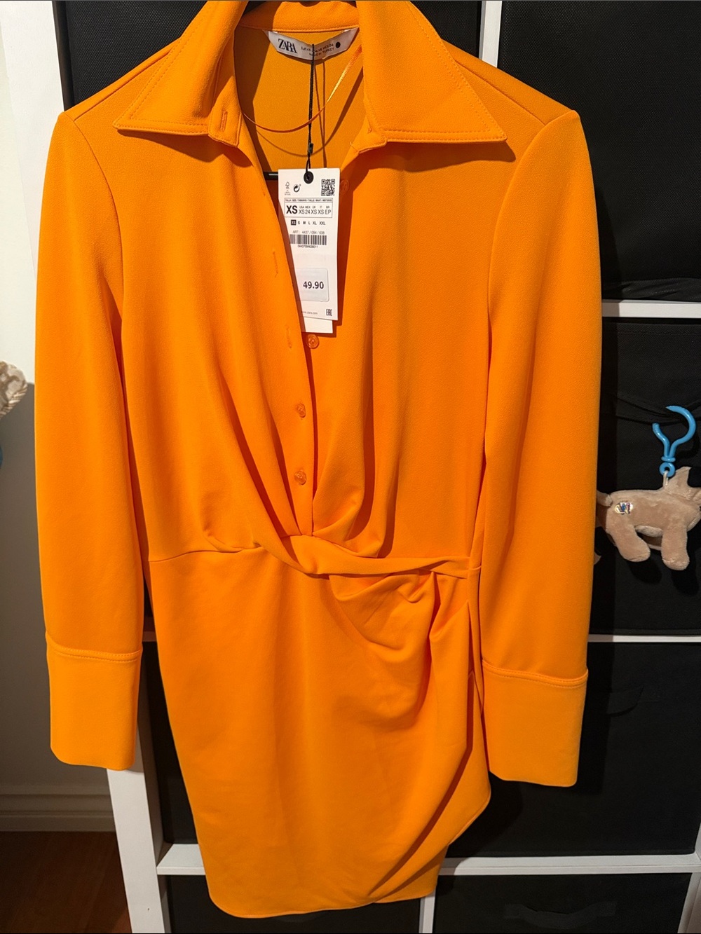 Zara Bright Orange Long-Sleeve Twist-Front Shirt Dress